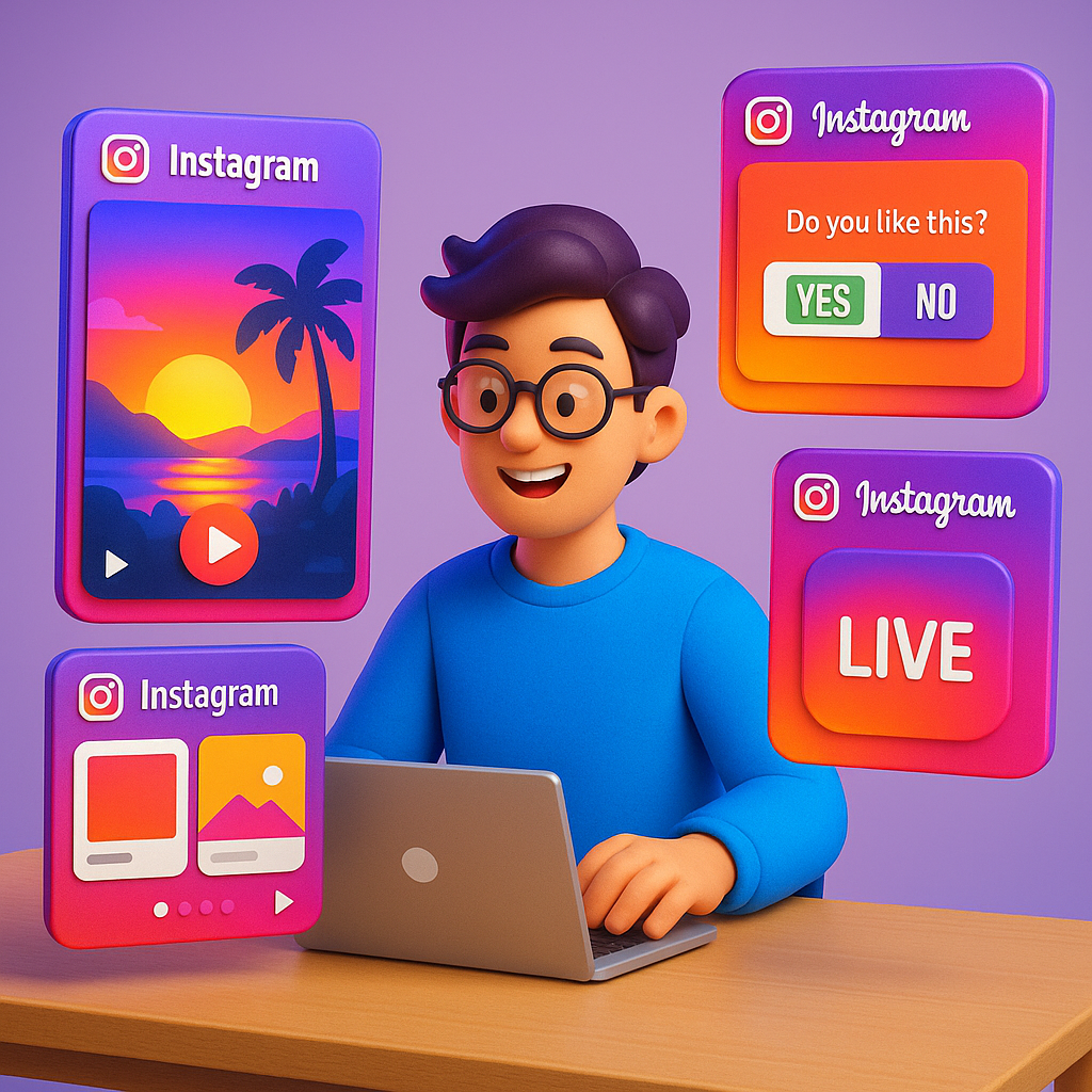 Ilustrasi berbagai format konten instagram seperti Reels, Carousel, dan Stories