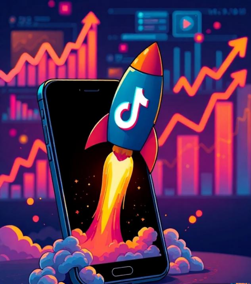 Ilustrasi roket FYP meluncur dari HP sebagai simbol pertumbuhan pesat di TikTok
